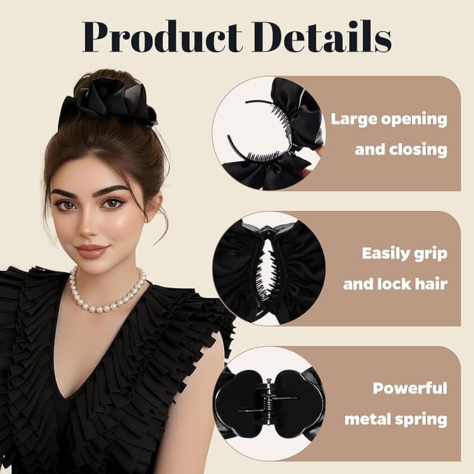 3 Pack Matte Satin Ruffled Hair Claw Clips, Pleated Scrunchie Ponytail Holder for Women, Non-Slip Bun Cuff Clamp, French Style Elegant Hair Accessories (Black, Brown, Khaki)