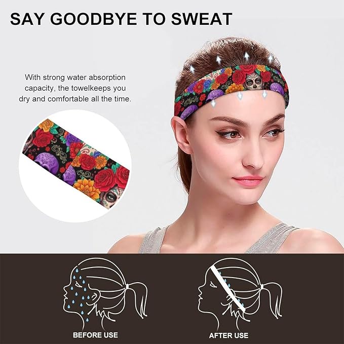 Headbands Men & Women Mexican Rose Sugar Skull Floral Women Day of The Dead Art Sweat Bands for Tennis, Basketball, Running, Gym, Working
