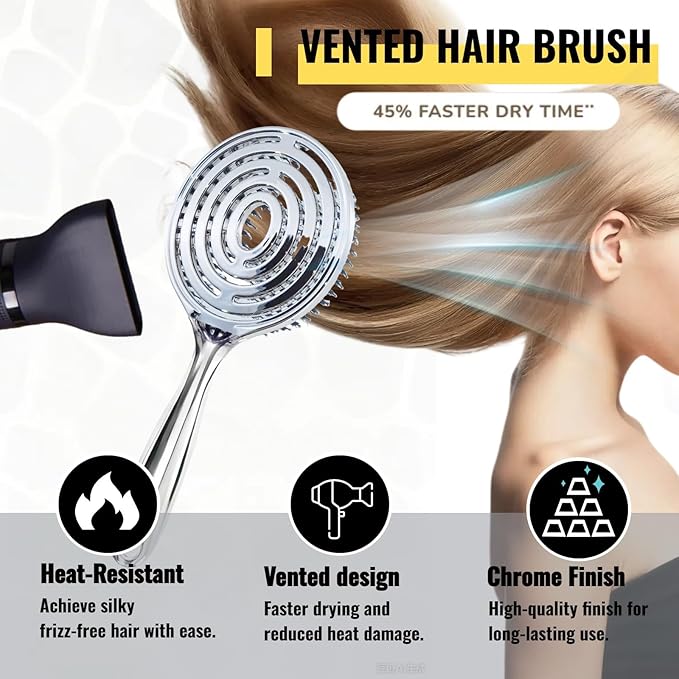 Vented Hair Brush Wet Dry Hair Brush for Quick Flat Blow Drying with Natural Boar Bristles Elastic Scalp Massage Brush Double Layer Design for Smooth Hair（Chrome Silver）