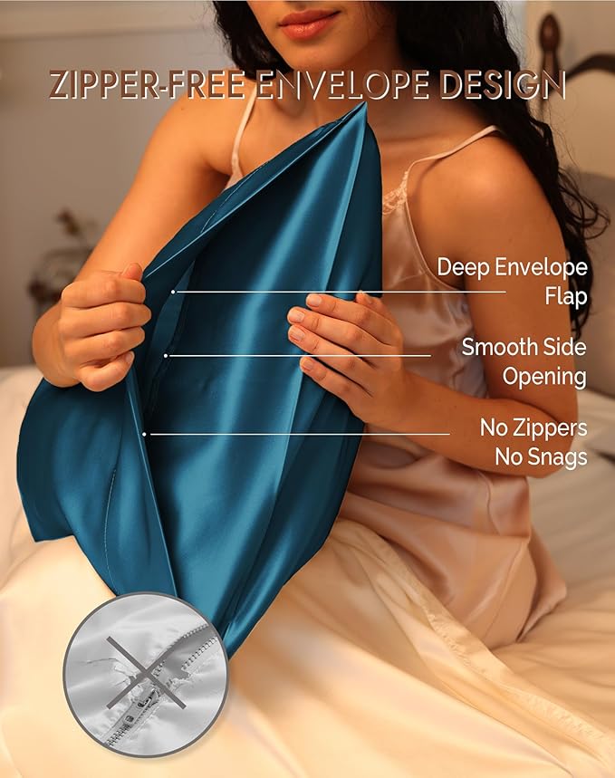 SilkSilky 100% Mulberry Silk Pillowcase - Pure 22 Momme High-Grade 6A Fibers for Hair & Skin, Envelope Closure, Natural, Organic, Breathable & Cooling Pillow Case (Queen, Teal)