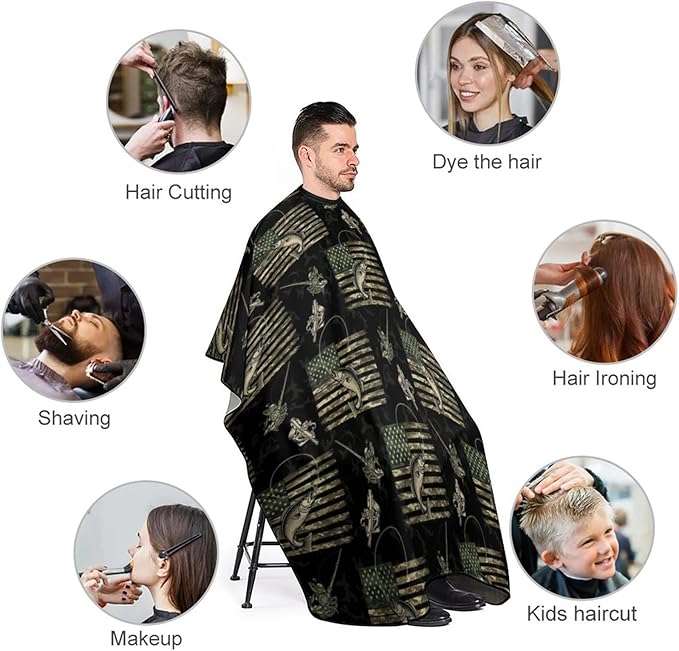 Hair Cut Cape Bass Fishing Camo Camouflage American Flag Hunting Black Hair Cutting Gown, Lightweight Hairdresser Apron for Hair Cutting, Haircut Tools