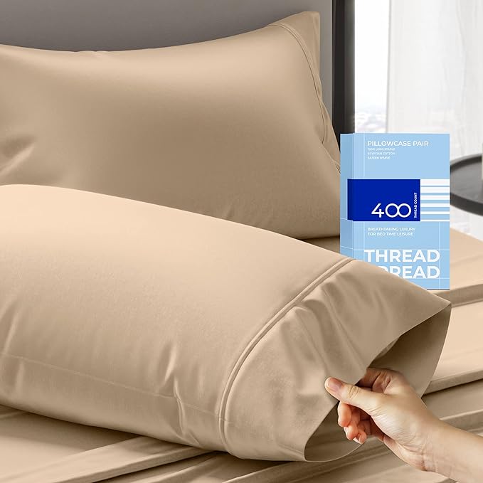 THREAD SPREAD 100% Cotton King Size Pillow Cases Set of 2-400 Thread Count Pillow Cases King Size Set of 2 (Taupe), Luxuriously Soft Hotel Quality Sateen Weave Pillowcases, Crisp & Cool