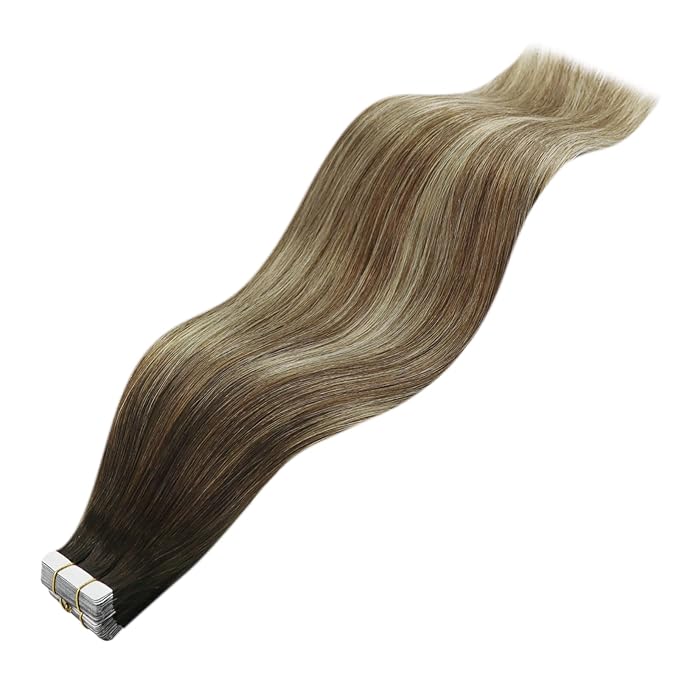 YoungSee Tape in Extensions Balayage Tape in Hair Extensions Human Hair Ombre Dark Brown to Brown with Blonde Tapes on Hair Extension 20pcs Real Hair 22In Long Hair Extension 50g for Parties