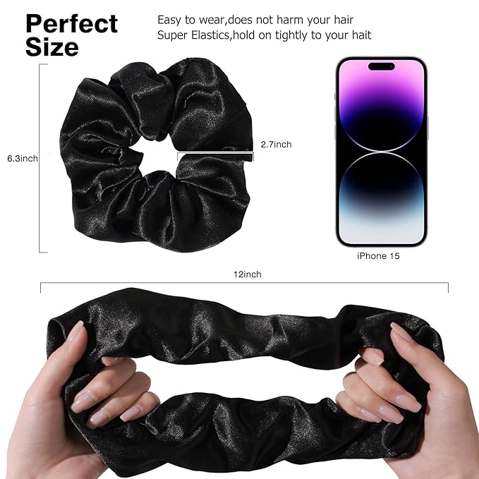 2PCS Extra Large Satin Scrunchies for Women Thick Hair - No Damage Hair Ties 6.3Inches Big Hair Scrunchy Oversized Thick Elastic Hair Bands Ponytail Holders Jumbo Scrunchies (Black Pink)