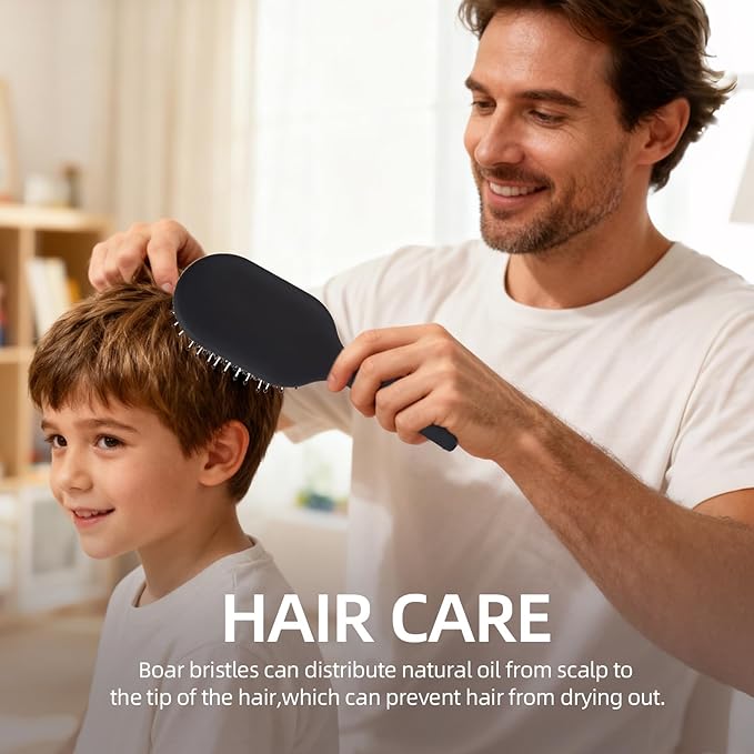 Boar Bristles Hair Brush for Women and Men, Detangling Hair Brush for Smoothing Massage Add Shine, Nylon&Boar Bristles Detangler brush for Hair Healthy (Medium-Black)