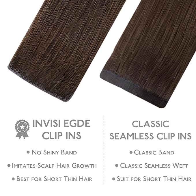 WENNALIFE Invisi Edge Clip in Hair Extensions, Real Human Remy Hair, 16 Inch 130g 7pcs Chocolate Brown Seamless Clip in Extensions, Invisible PU Skin Weft Extensiones De Cabello Hmano