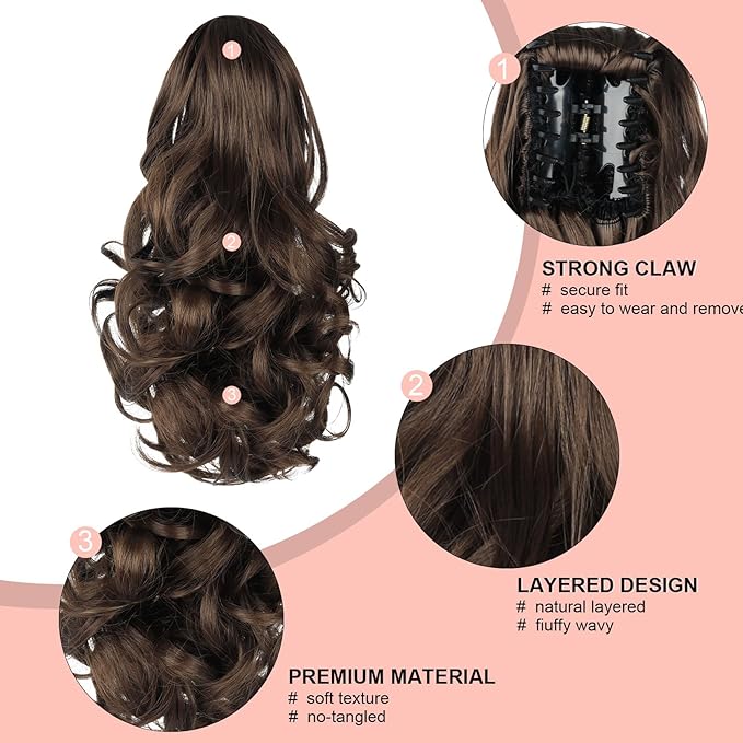 Ponytail Extension, Clip on Ponytails for Women, 12" Claw Clip in Short Curly Wavy Pony Hair Extension for Women - Brown