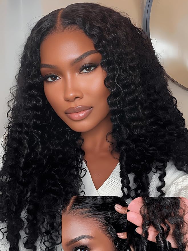Julia Hair 7x5 Lace Water Curly Texture Wig With Finger Coil Ends Glueless Wigs Human Hair Put On and Go Invisible Lace Pre Plucked Pre Cut Bleached Knots Natural Hairline 20 Inch