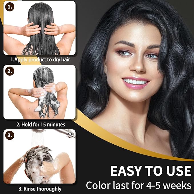 Black Dye Shampoo for Permanent Hair Color - Men&Women, Gray Coverage, Beard & Treated Hair, 3-In-1, 30 Days/500ml/Ammonia-Free/Natural Herbal