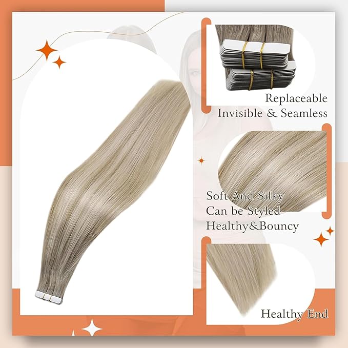 Full Shine Remy Tape Extensions Human Hair Color 19/8/60 Balayage Blonde Tape in Hair Extensions 20Inch Seamless Skin Weft 100G Long Extension Add Length for Natural Look 40Pcs