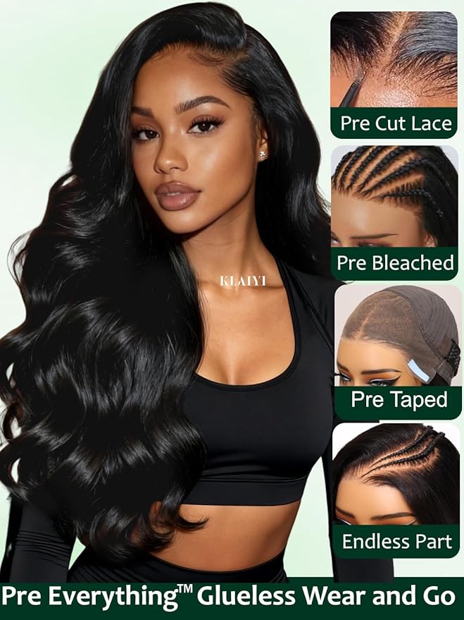 KLAIYI Loose Body Wave Pre Everything Glueless 13x4Lace Front Wig Human Hair Drawstring Precut Lace Pre Plucked Bleached Bye Bye Knots 3S Ready to Wear and Go Wig with Face Framing Curtain Bang 26Inch