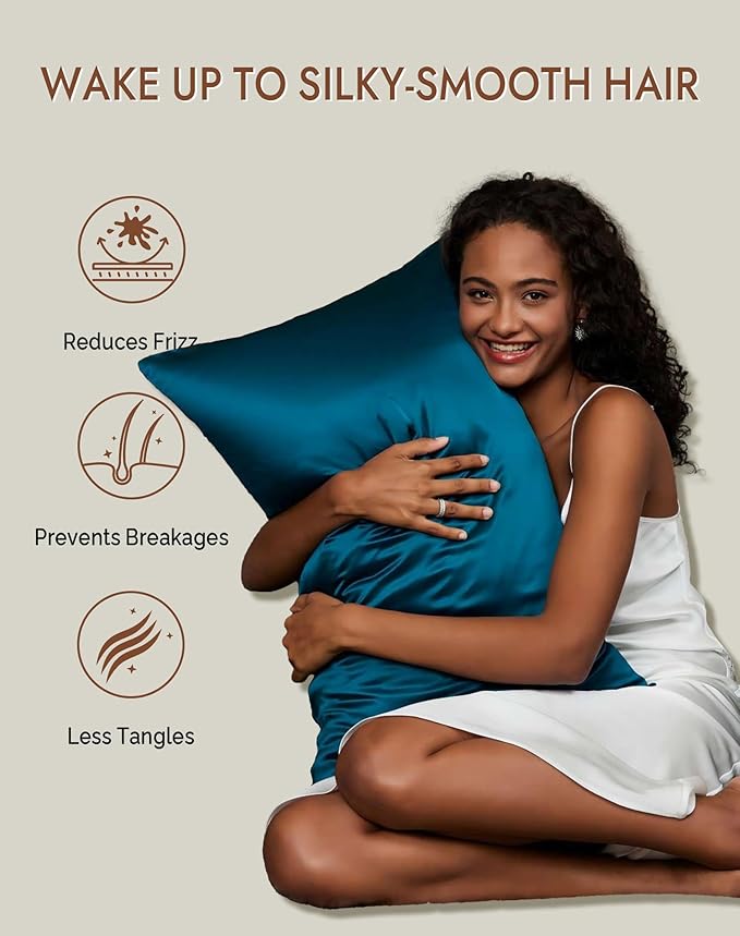 SilkSilky 100% Mulberry Silk Pillowcase - Pure 22 Momme High-Grade 6A Fibers for Hair & Skin, Envelope Closure, Natural, Organic, Breathable & Cooling Pillow Case (Queen, Teal)