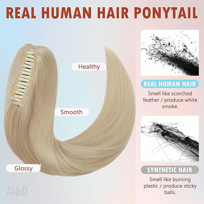 Hairro Claw Ponytail Human Hair Extensions Clip Ponytails Jaw/Claw Long Straight Pony Tail For Women 22 Inch 120g #60 Platinum Blonde