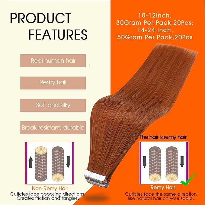 Full Shine Hair Extensions Real Human Hair Color 550 Copper Remy Tape in Hair Extensions Human Hair 16Inch Seamless Invisible Skin Weft 50Gram 20Pcs Silky Straight Extension