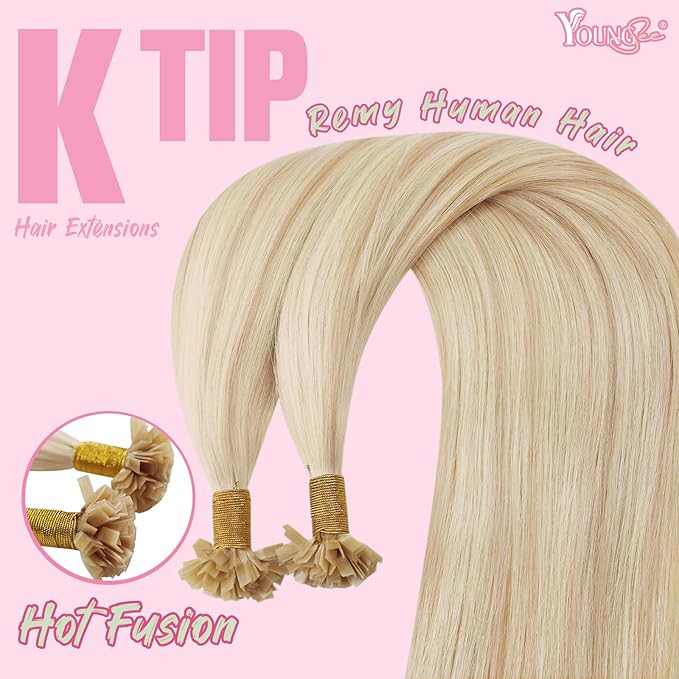 YoungSee Keratin Tip Hair Extensions Human Hair Blonde 24 Inch K Tip Hair Extensions Long Ktips Hair Extensions Human Hair Blonde Highlight Invisible Keratin Bond Hair Extensions Remy 50g #18/613