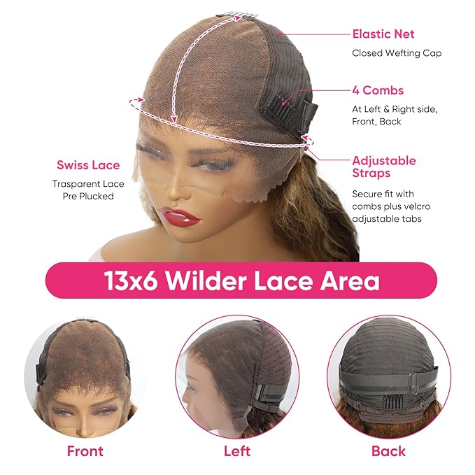 34 Inch Honey Blonde Ombre Highlight Deep Wave Lace Front Wigs Human Hair 200% Density 13x6 HD Transparent Lace Front Wigs Pre Plucked Glueless #4/27 Colored Curly Human Hair Wig for Women