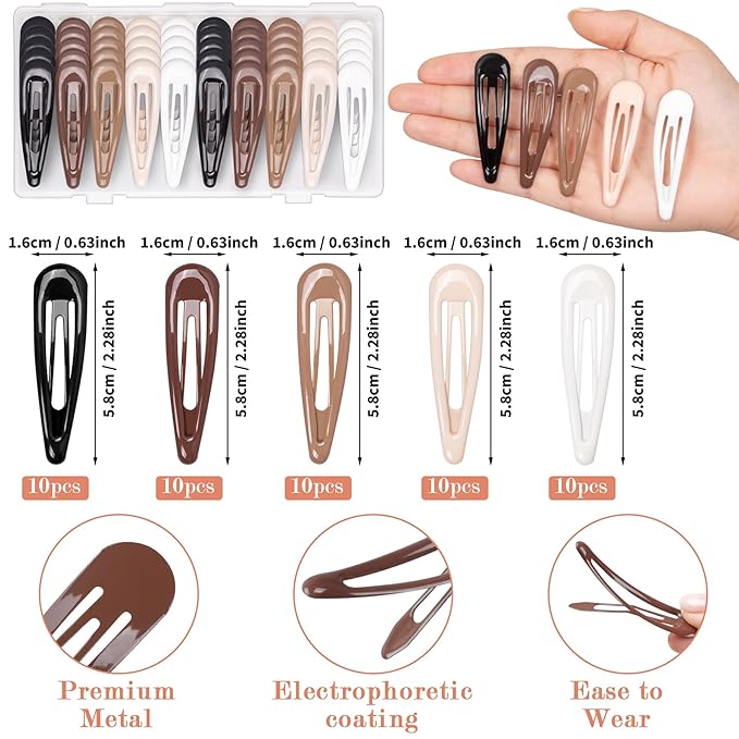 Gingbiss 50Pcs Snap Hair Clips for Women, 2.3 Inch Silicone Coating Classic Metal Hair Barrettes with Storage Case for Women Girls, No Slip Hair Accessories for Hair, 5 Assorted Colors