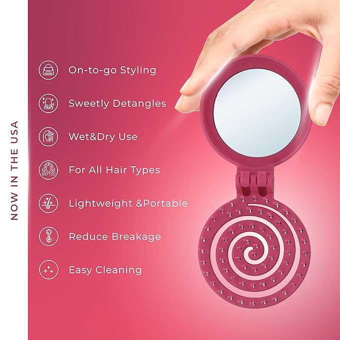 Mini Detangler Travel Hair Brush with Mirror, Makaron Hair Brushes for Women, Men and Kids, Unique 3D Flexible Design for All Hair Types, Styling Accessory, Travel Essentials for Women (DARK PINK)