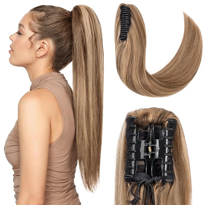 Hairro Claw Clip Ponytail Human Hair Extensions Jaw On Ponytails Remy Long Straight Jaw/Claw Clips Pony Tail Hairpieces For Women 20 Inch 120g #4P27 Medium Brown Mix Dark Blonde