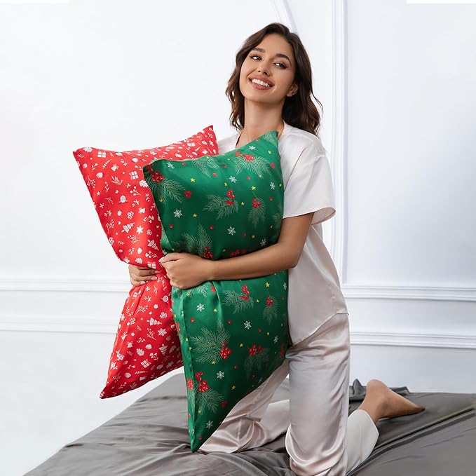 THXSILK Christmas Style 6A+ Grade Mulberry Silk Pillowcase for Hair and Skin, 22 Momme 100% Pure Silk Pillow Case with Hidden Zipper, Christmas Holly Printed Pillow Cover, Red， King