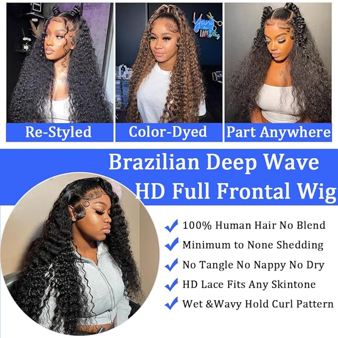 Deep Wave Lace Front Wigs Human Hair 13x6 HD Lace Front Wigs Pre Plucked Wet And Wave Wigs For Women 200% Density Deep Curly Human Hair Wigs With Baby Hair 22 Inch Deep Wave Wig
