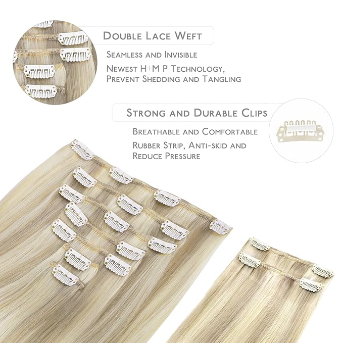 WENNALIFE Hair Extensions Clip In, 9pcs 14inch 150g Ash Blonde Highlighted Platinum Blonde Thicker Clip In Hair Extensions Real Human Hair Remy hair extension Double Weft Clip in Human Hair Extensions
