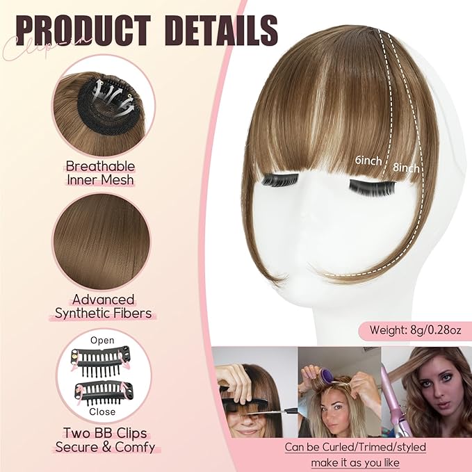 Clip in Bangs, Synthetic Wispy Bangs Hair Clip, Light Chestnut Brown Fake Bangs Fringe with Temples Hairpieces for Women Natural Curved Hair Extensions for Daily Wear