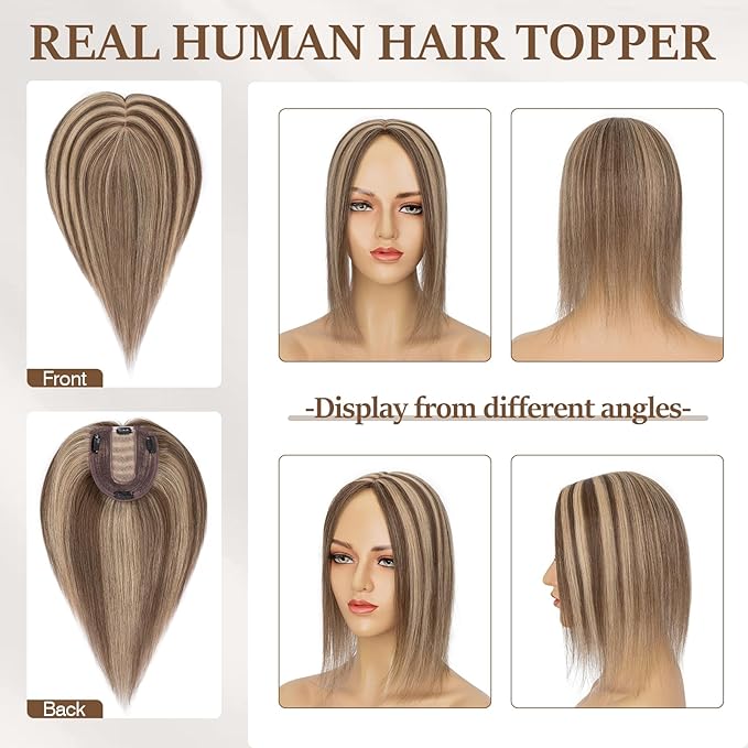 Rich Choices Hair Toppers for Women Real Human Hair 100% Human Remy Toppers NO Bangs with Thinning on Top Clip in Hairpiece 4"x4.7"Lace Base 14 Inch #4P27 Medium Brown Highlights Dark Blonde