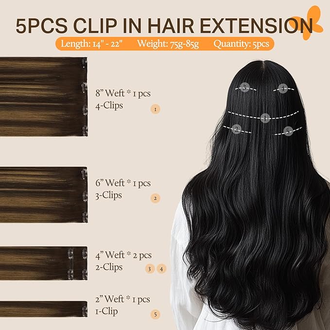DOORES Hair Extensions Clip in Human Hair, 5pcs 80g 18 Inch Balayage Dark Brown to Chestnut Brown Clip in Human Hair Extensions Natural Straight Weft
