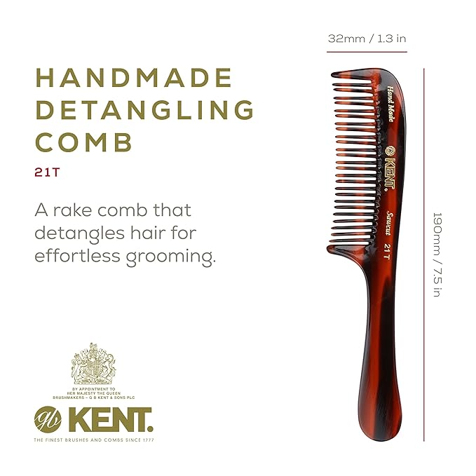 Kent 21T Tortoiseshell Large Detangling Comb, Wide Teeth for Thick Curly Wavy Hair. Long Hair Detangler Comb For Wet and Dry. Handmade of Quality Cellulose, Saw-Cut Hand Polished, Made in England