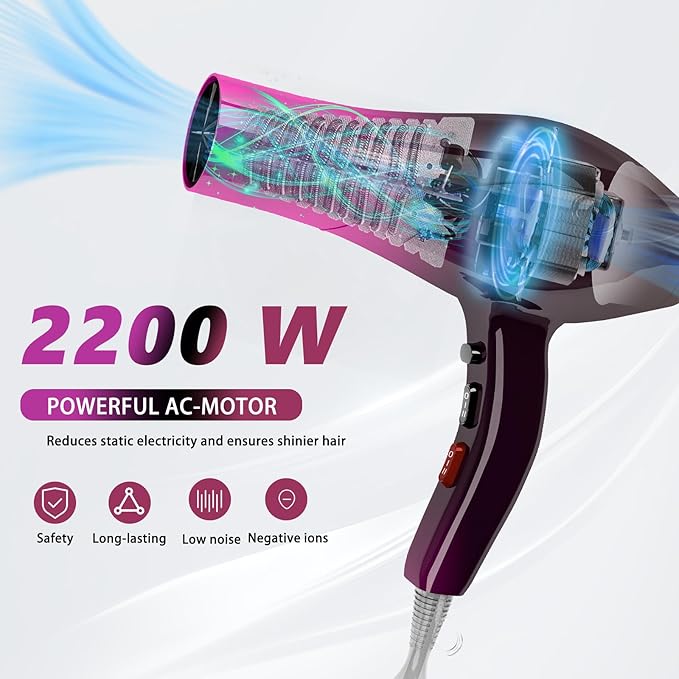 Ionic Hair Dryer,2400W Negative Ion Low Noise Hair Dryer Professional Fast Drying Hair Dryers with 2 Speeds, 3 Heat Settings, Cooling Button,with Diffuser for Curly and Straight Hair（Crimson Fade）