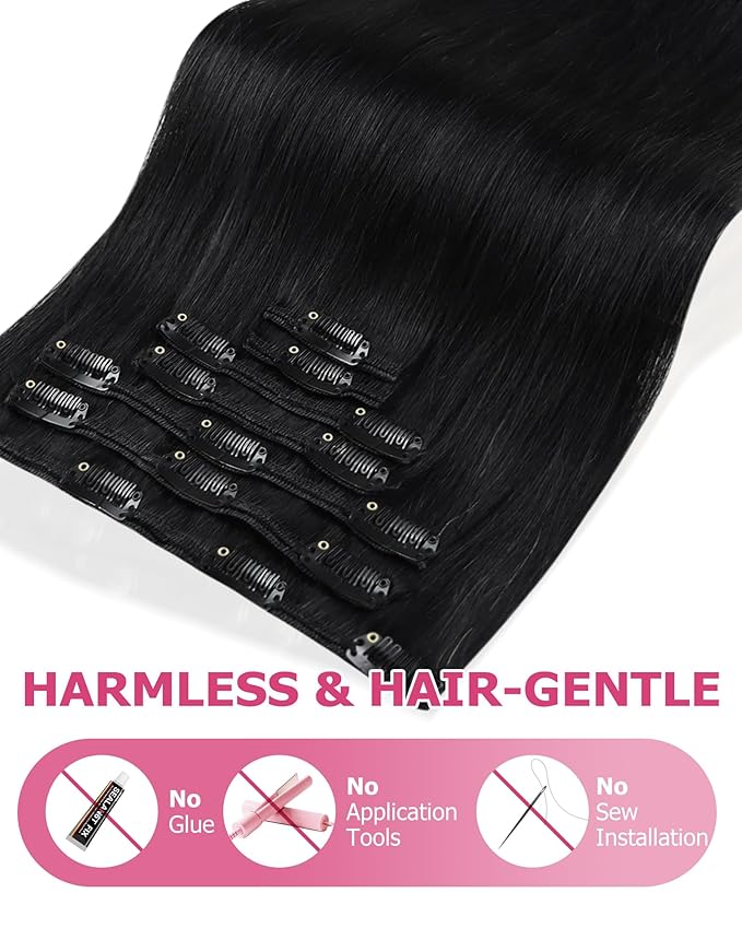 YoungSee 150G Clip in Hair Extensions Real Human Hair Jet Black Clip Hair Extensions Human Hair Black Invisible Clip in Extension Remy Hair Silky Straight for Women 20Inch 7Pcs