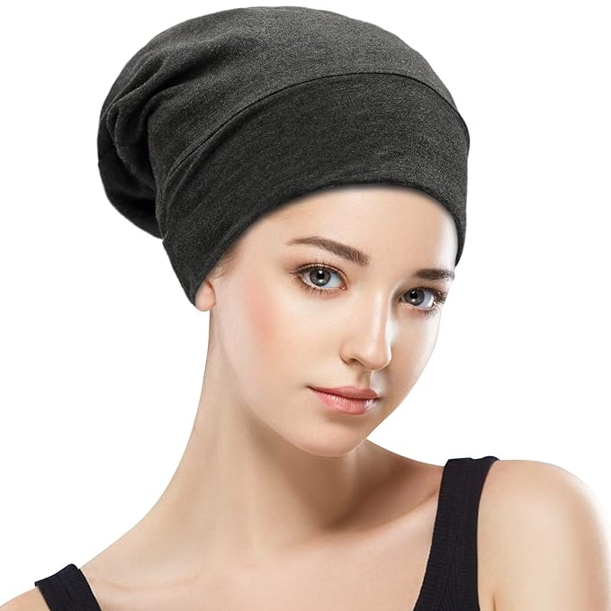 Silk Satin Lined Bonnet Sleep Cap - Adjustable Stay on All Night Hair Wrap Cover Slouchy Beanie for Curly Hair Protection for Women and Men - Solid Dark Grey