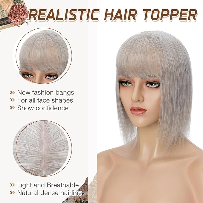 Rich Choices Real Human Hair Toppers for Women With Bang 100% Remy Human Hair Topper for Thinning Hair Clip in Silk Base Hair Topper 12 Inch GREY