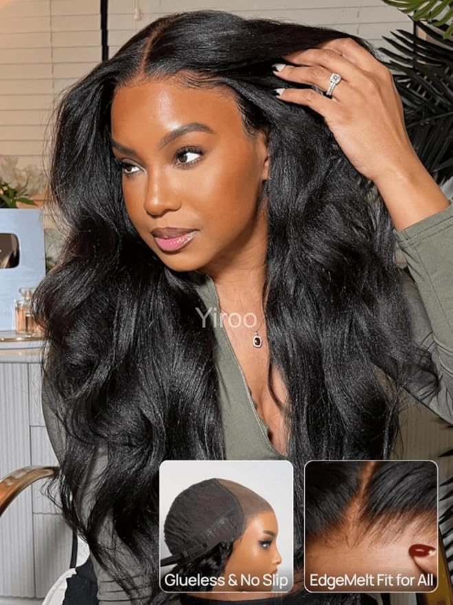 YIROO No Slip 7x5 Bye Bye Knots Yaki Straight Lace Front Glueless Drawstring Wig Human Hair with Deep Stretch Cap Fits All Head Sizes,Pre-Plucked Pre-Cut Wear and Go Wig for Women 150% Density 18Inch