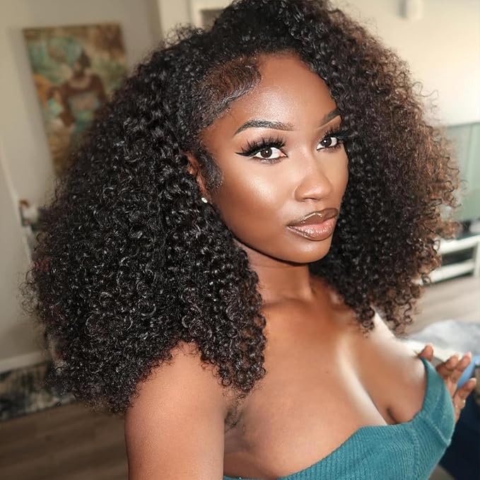 WOWANGEL Kinky Curly Half Wig Human Hair 180% Density Flexi-Fit Invisi 3 in 1 Wigs Flip Drawstring Wig Glueless Wear and Go Headband Wig 100% Human Hair for Women, Natural Black, 20 Inch