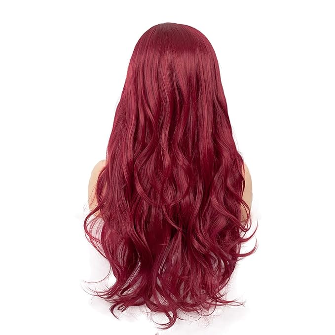 Baruisi Long Curly Wavy Wine Red Wigs for Women Side Part Natural Looking Cosplay Synthetic Fiber Wig Heat Resistant Replacement Wig