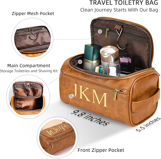 Personalized Toiletry Bag for Men, Engraved Name Initials Toiletry Bag, Customized Monogram Travel Shaving Dopp Kit for Groomsmen, Gift for Christmas, Birthday, Dad, Husband (Light Brown)