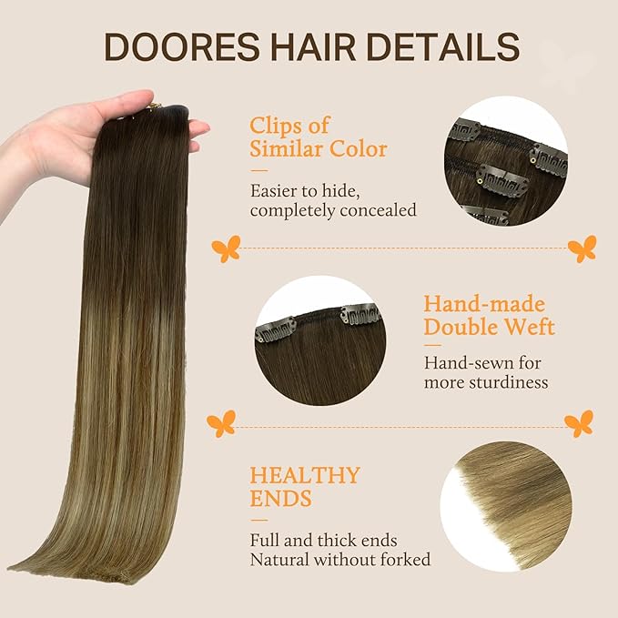 DOORES Clip in Hair Extensions Real Human Hair Balayage Dark Brown Fading to Chestnut Brown and Dirty Blonde 20 Inch 7pcs 120g Real Hair Extensions Straight Extensions Human Hair Natural