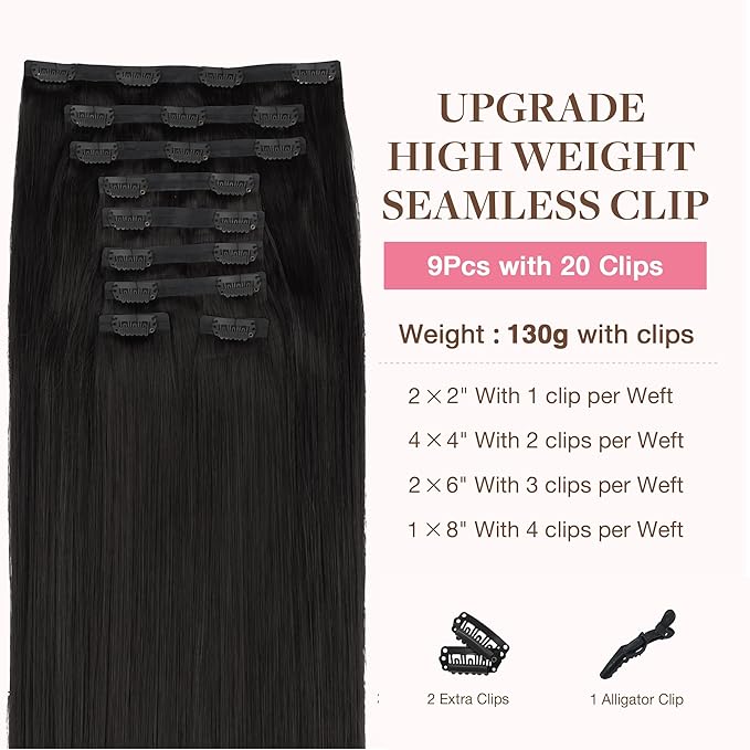 GOO GOO Clip in Hair Extensions Real Human Hair, Remy Human Hair Extensions Clip ins for Women, Natural Human Hair, 22inch 200g 9Pcs, #1B Natural Black