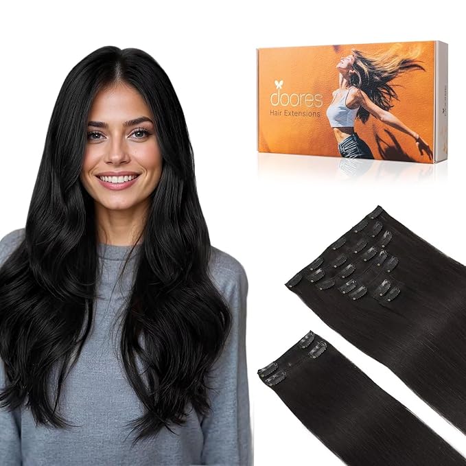 DOORES Clip in Human Hair Extensions, Natural Black 150g 9pcs 14 Inch, Remy Hair Extensions Clip in Thick Straight Real Weft for Women Natural Thick Straight Weft