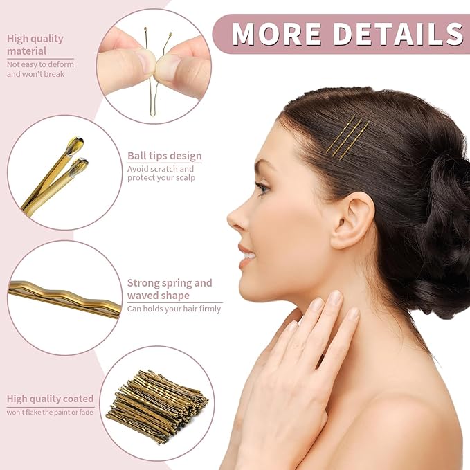 Bobby Pins and Hair Pins Combo Box 500PCS, Big Quantity Hair Pins Kit Black Brown Gold Bobby Pins and U Shape Brown for Styling Hair with Storage Box 2" / 2.4" / 2.6” for Women
