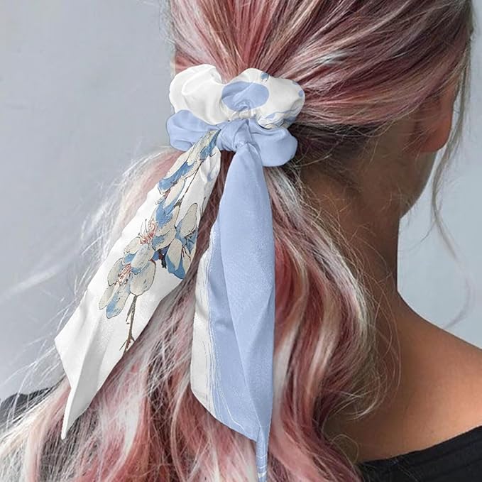 Green Bamboo Print Satin Hair Ties No Damage Long Hair 2 Pcs Floral Blue Knotted Bow Hair Scrunchies Elastic Scarf Scrunchies for Women Girls