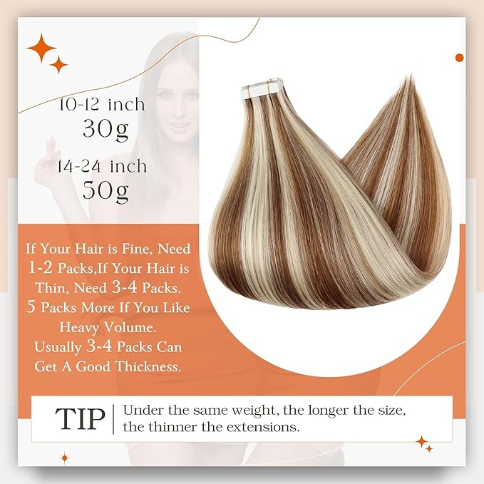 Full Shine Natural Tape in Hair Extensions Real Remy Hair Auburn Highlight Blonde Tape ins Human Hair Extensions 16 Inch Invisible Seamless Tape in Hair Extension Human Hair 50G Soft Extensions 20Pcs
