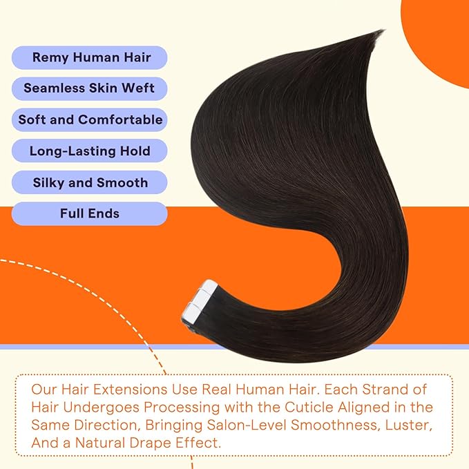 Full Shine Hair Extensions Real Human Hair Tape in 10 Inch Color 2 Dark Brown Invisible Double Sided Human Hair Tape in Extensions 30 Grams 20PCS Straight Seamless Skin Weft for Party
