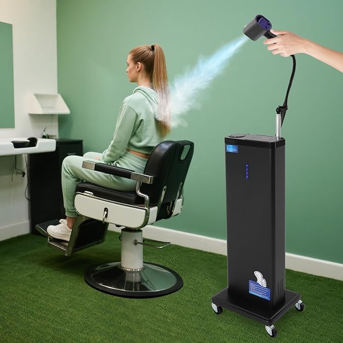 Nano Mist Hair Steamer, 9 Settings Adjustable Hair Salon Steamer, Professional Nano Mist Salon Hair Processor with 360°Swivel Wheels, 1300W Nanoscale Spray for Hair Care Hair Repair (Black)