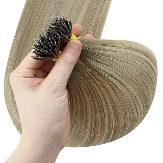 YoungSee Nano Ring Hair Extensions Human Hair Ombre Blonde Nano Beads Real Hair Extensions Balayage Ash Blonde Ombre Platinum Blond Nano-Link Hair Extension Real Human Hair Balayage 20Inch 50G 50S