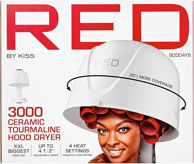 Red by Kiss 3000 Ceramic Tourmaline Professional Hood Dryer, 4 Heat Settings Blow Dryer for Home & Salon, Height Adjustable Convenient Big Hood Size Extra Coverage (1875 Wattage)