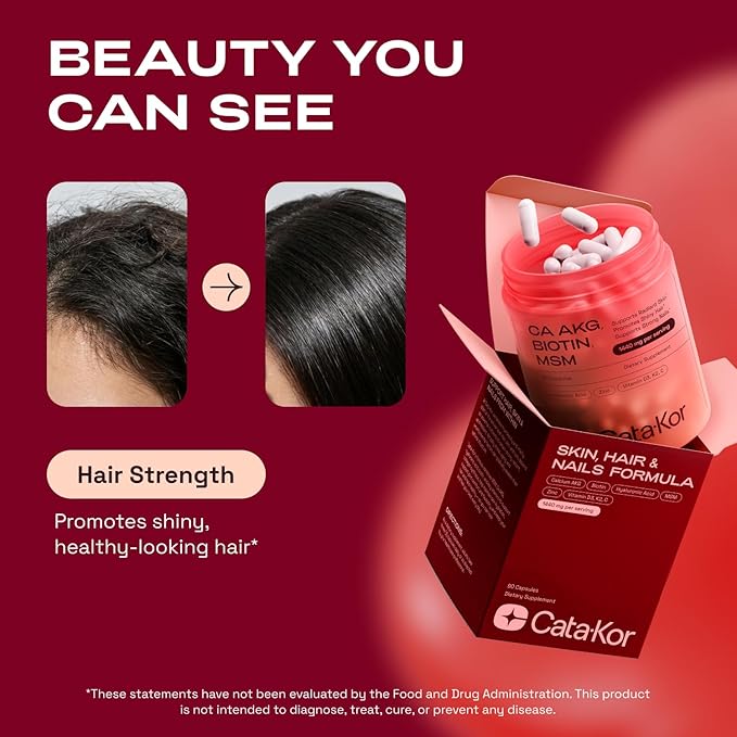 Hair Skin and Nails Supplement with Ca AKG | MSM | Hyaluronic Acid | Biotin | Vitamin C & Vitamin D3 K2 – Supports Radiant Skin, Promotes Shiny Hair & Strong Nails – 90 Capsules (1 Pack)