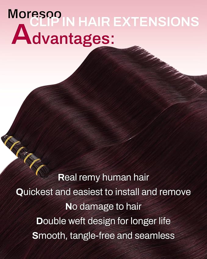 Moresoo Burgundy Clip in Hair Extensions Red Human Hair Clip in Extensions 20 inch Dark Red Remy 150g/7pcs 20 inch